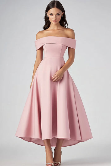 Off The Shoulder Roze A Line Satijnen Formele Jurk